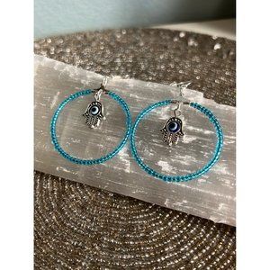 Evil Eye Hamsa Charm Light Blue Beaded Dangle Hoop Earrings